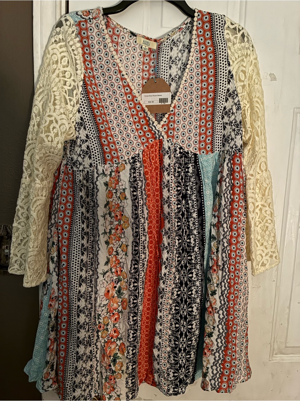 Kori America Multi-Print Lace bell Sleeve boho chic vibes nwt
